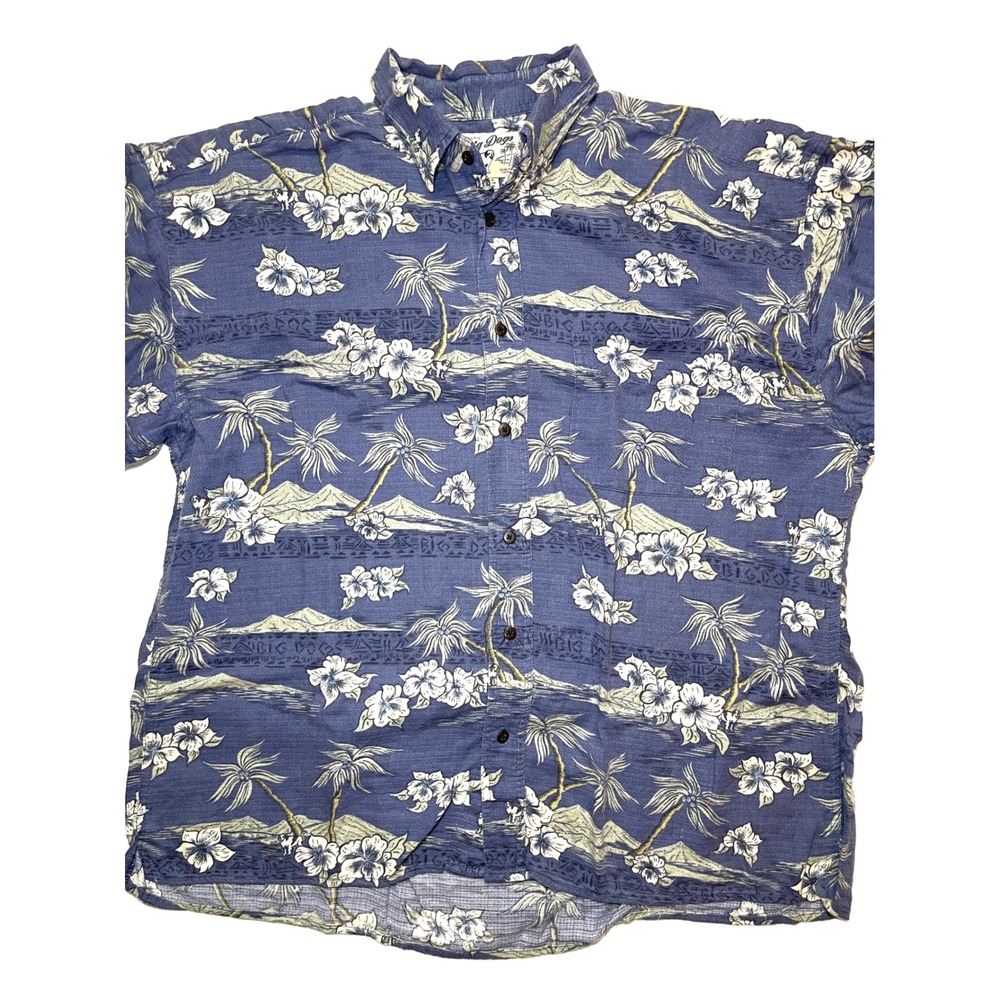 Vintage Big Dogs 90s Hawaiian Shirt Mens S/M Blue Cotton Rayon Aloha Palm Tree - Picture 2 of 7